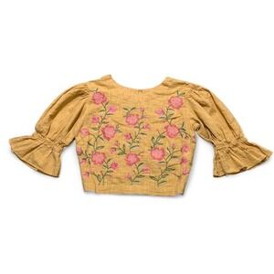 Bombay Paisley Mustard yellow 100% cotton floral embroidered crop top blouse